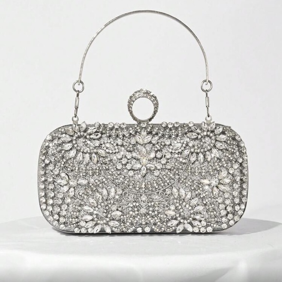 Luxurious silver floral rhinestone party evening wedding prom clutch box bag